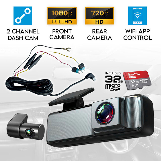 Elinz Dual Lens No Screen Dash Cam 1080P+720P WiFi App Control Supercapacitor Compact Discreet Car DVR 32GB Hardwire Kit