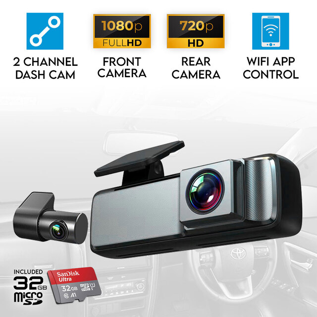 Elinz Dual Lens No Screen 1080P Dash Cam 720P Rear Camera WiFi App Control Supercapacitor Compact Discreet Car DVR 32GB