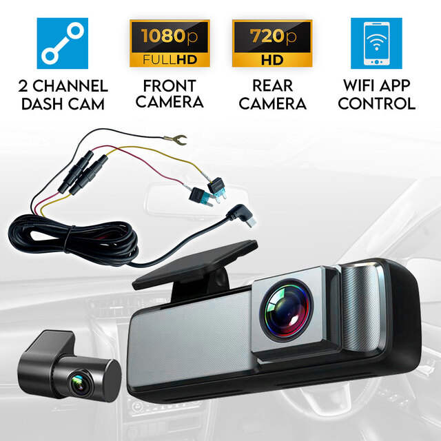 Elinz 1080P Dual Lens No Screen Dash Cam 720P Rear Camera WiFi App Control Supercapacitor Compact Discreet Car DVR Hardwire Kit