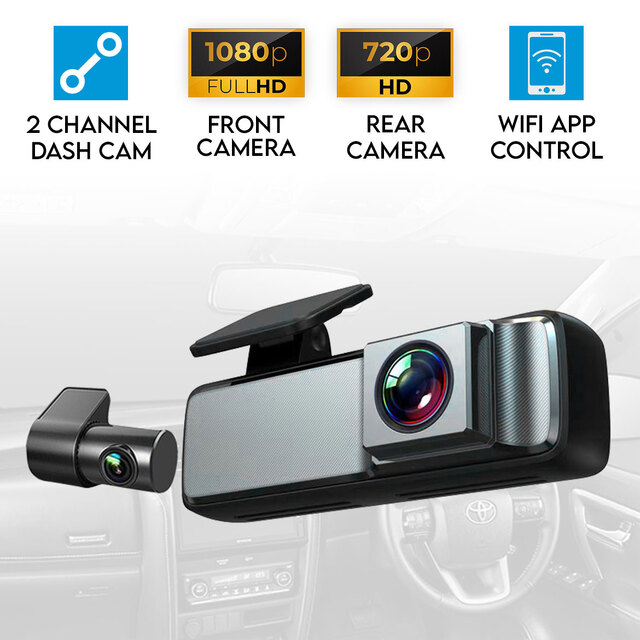 Elinz Dual Lens No Screen 1080P Dash Cam 720P Rear Camera WiFi App Control Supercapacitor Compact Discreet Car DVR