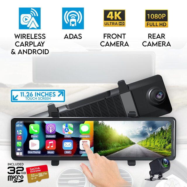 Elinz 11.26" Clip On Rear View Mirror Carplay & Android Auto Real 4K + 1080P Dual Dash Cam Camera WiFi ADAS Smart Driving Assistant Car DVR 32GB U3