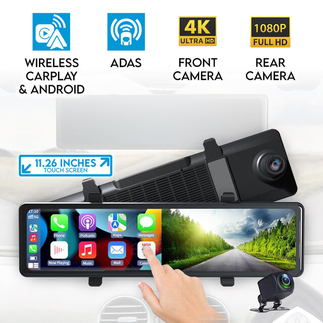 Elinz 11.26" Clip On Rear View Mirror Carplay & Android Auto Real 4K + 1080P Dual Dash Cam Camera WiFi ADAS Smart Driving Assistant Car DVR