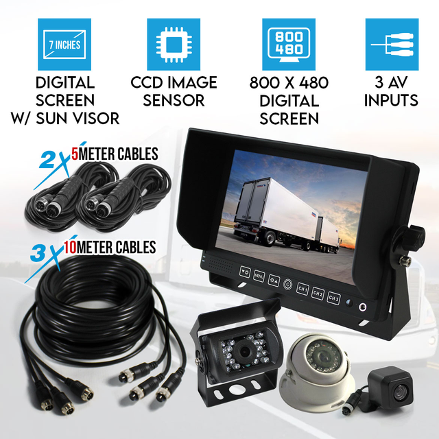 Elinz 7" Monitor HD 12V 24V CCD 4PIN CCD 3 AV Inputs 600TVL Eyeball Reversing Camera Mini CMOS Truck Caravan