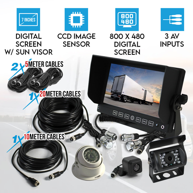 Elinz 7" Monitor HD 12V 24V CCD 4PIN Eyeball Reversing Camera Mini CMOS Trailer Cable Truck Caravan 3 AV Inputs 20M Cable