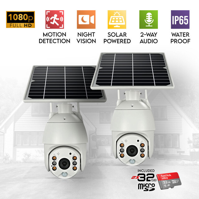 2x Elinz Wireless Solar Security WiFi IP 1080P PTZ Outdoor Camera CCTV Waterproof Built-in Battery 32GB