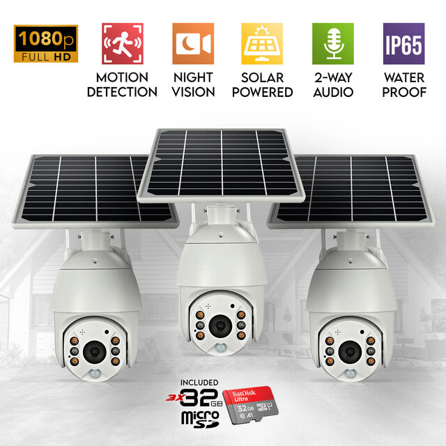 3x Elinz Wireless Solar Security WiFi IP 1080P PTZ Outdoor Camera CCTV Waterproof Built-in Battery 32GB