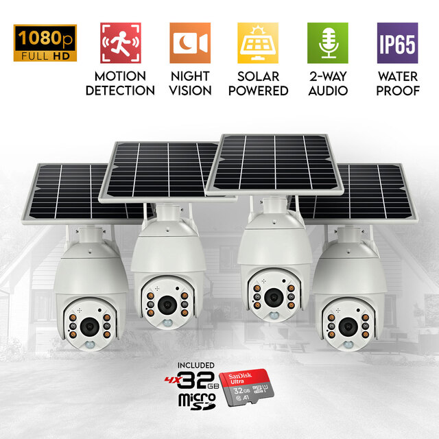 4x Elinz Wireless Solar Security WiFi IP 1080P PTZ Outdoor Camera CCTV Waterproof Built-in Battery 32GB