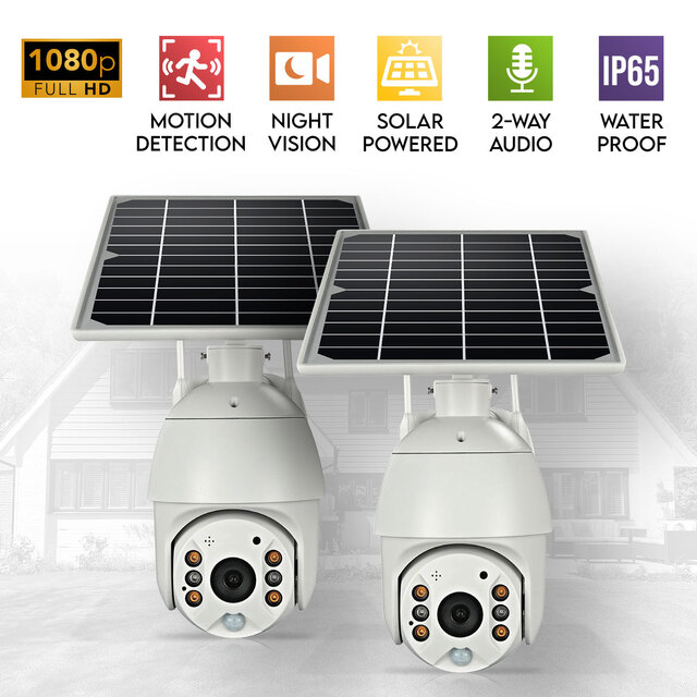 2x Elinz Wireless Solar Security WiFi IP 1080P PTZ Outdoor Camera CCTV Waterproof Built-in Battery