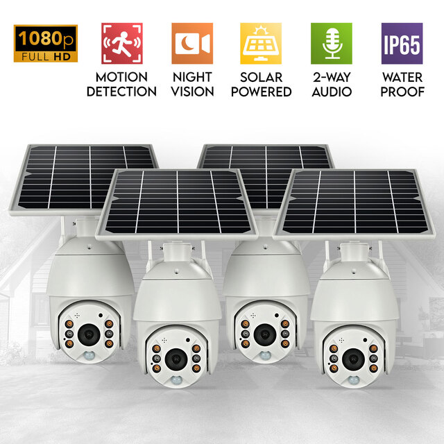 4x Elinz Wireless Solar Security WiFi IP 1080P PTZ Outdoor Camera CCTV Waterproof Built-in Battery