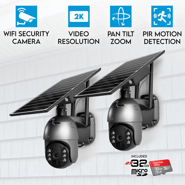 2x Elinz WiFi Security Camera 3MP 2K Resolution PTZ Outdoor IP65 Solar Battery Powered CCTV 32GB