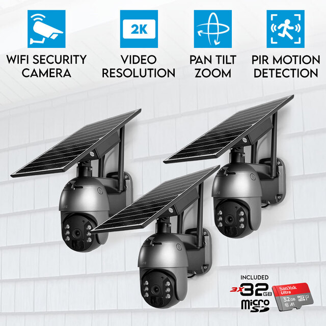 3x Elinz WiFi Security Camera 3MP 2K Resolution PTZ Outdoor IP65 Solar Battery Powered CCTV 32GB