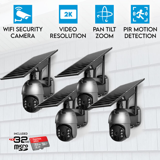 4x Elinz WiFi Security Camera 3MP 2K Resolution PTZ Outdoor IP65 Solar Battery Powered CCTV 32GB