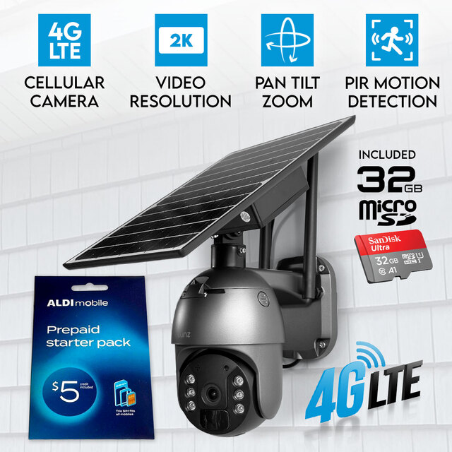 Elinz 4G LTE Cellular Security Camera 3MP 2K Resolution PTZ Outdoor IP65 Solar Battery Powered CCTV 32GB ALDI Sim