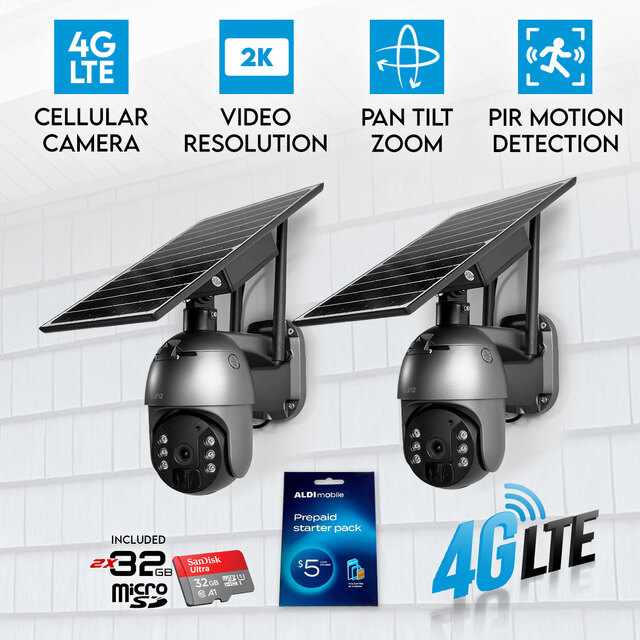 2x Elinz 4G LTE Cellular Security Camera 3MP 2K PTZ Outdoor IP65 Solar Battery Powered CCTV 32GB ALDI Sim