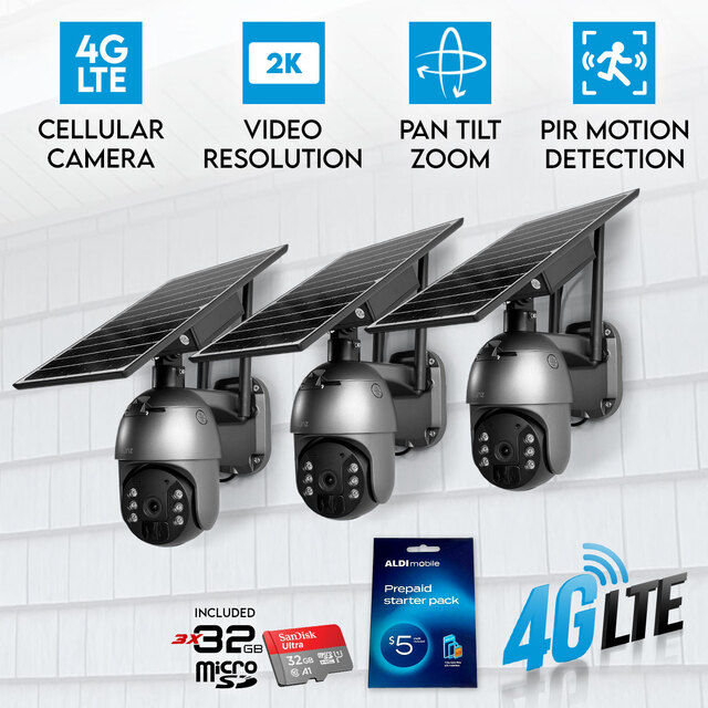 3x Elinz 4G LTE Cellular Security Camera 3MP 2K PTZ Outdoor IP65 Solar Battery Powered CCTV 32GB ALDI Sim