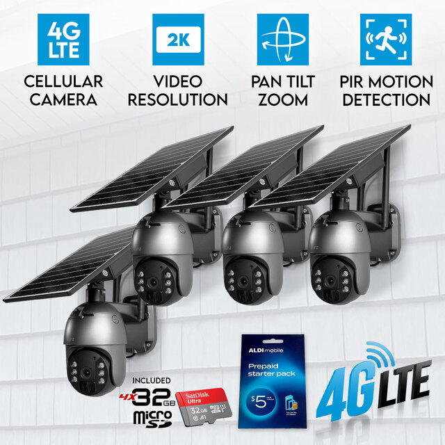 4x Elinz 4G LTE Cellular Security Camera 3MP 2K PTZ Outdoor IP65 Solar Battery Powered CCTV 32GB ALDI Sim