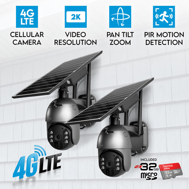 2x Elinz 4G LTE Cellular Security Camera 3MP 2K PTZ Outdoor Solar Battery Powered CCTV 32GB