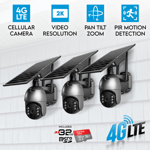 3x Elinz 4G LTE Cellular Security Camera 3MP 2K PTZ Outdoor Solar Battery Powered CCTV 32GB