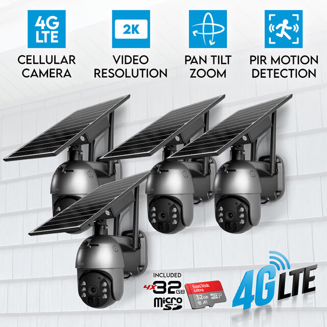 4x Elinz 4G LTE Cellular Security Camera 3MP 2K PTZ Outdoor Solar Battery Powered CCTV 32GB