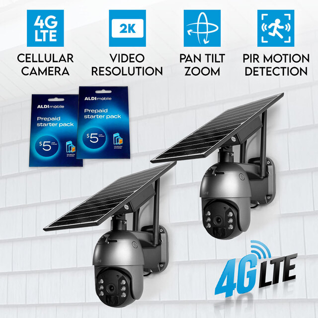 2x Elinz 4G LTE Cellular Security Camera 3MP 2K PTZ Outdoor IP65 Solar Battery Powered CCTV ALDI Sim