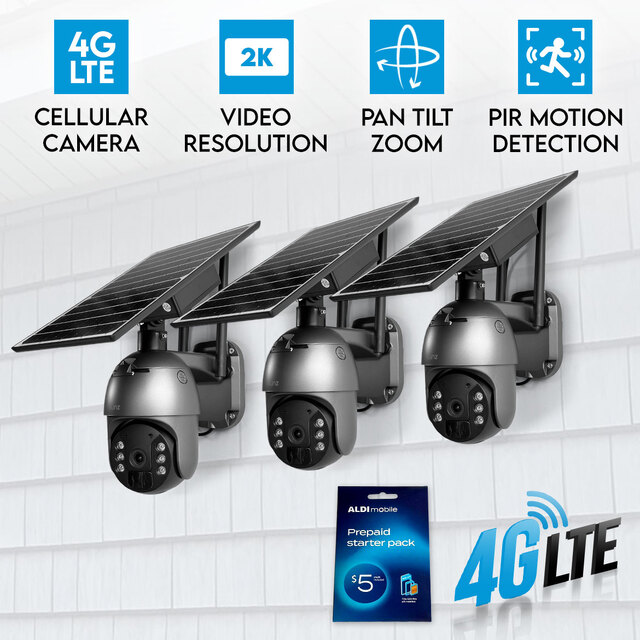 3x Elinz 4G LTE Cellular Security Camera 3MP 2K PTZ Outdoor IP65 Solar Battery Powered CCTV ALDI Sim