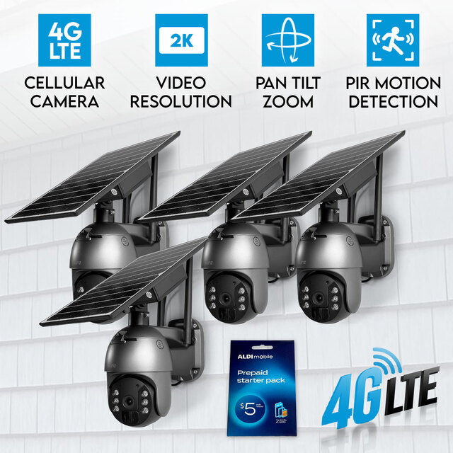 4x Elinz 4G LTE Cellular Security Camera 3MP 2K PTZ Outdoor IP65 Solar Battery Powered CCTV ALDI Sim