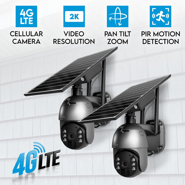 2x Elinz 4G LTE Cellular Security Camera 3MP 2K PTZ Outdoor IP65 Solar Battery Powered CCTV