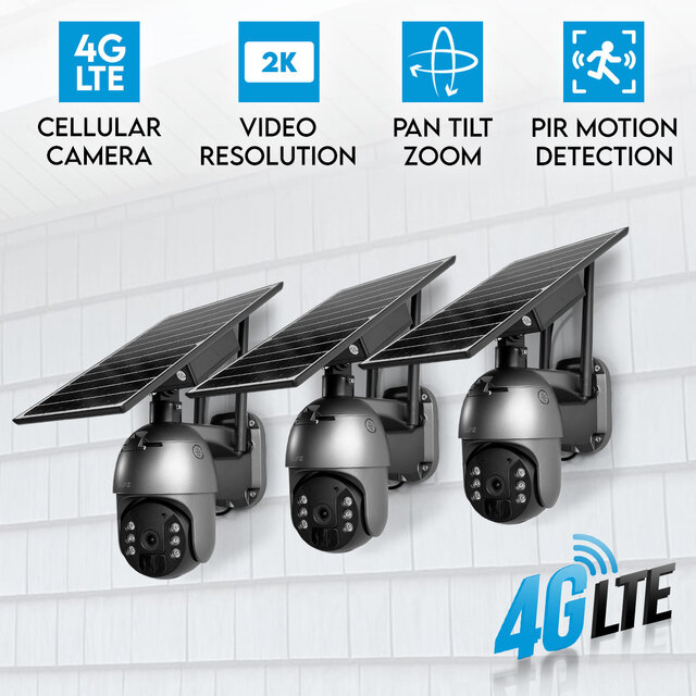 3x Elinz 4G LTE Cellular Security Camera 3MP 2K PTZ Outdoor IP65 Solar Battery Powered CCTV