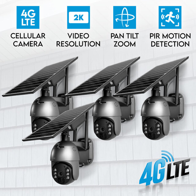 4x Elinz 4G LTE Cellular Security Camera 3MP 2K PTZ Outdoor IP65 Solar Battery Powered CCTV