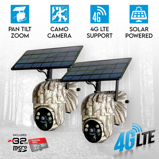 2x Elinz 4G Cellular PTZ Solar Powered Camouflage Outdoor Security Camera 3MP 2K HD IP65 CCTV for Trail Wildlife 32GB