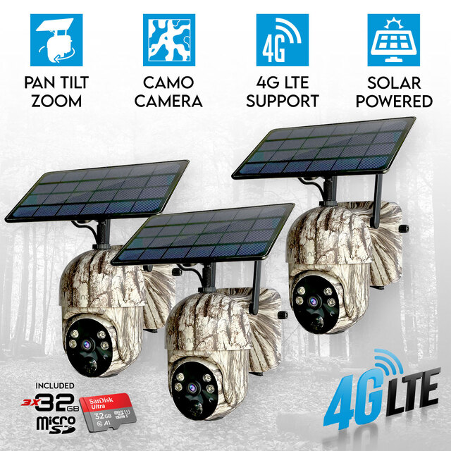 3x Elinz 4G Cellular PTZ Solar Powered Camouflage Outdoor Security Camera 3MP 2K HD IP65 CCTV for Trail Wildlife 32GB