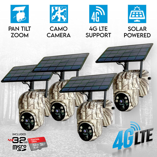 4x Elinz 4G Cellular PTZ Solar Powered Camouflage Outdoor Security Camera 3MP 2K HD IP65 CCTV for Trail Wildlife 32GB