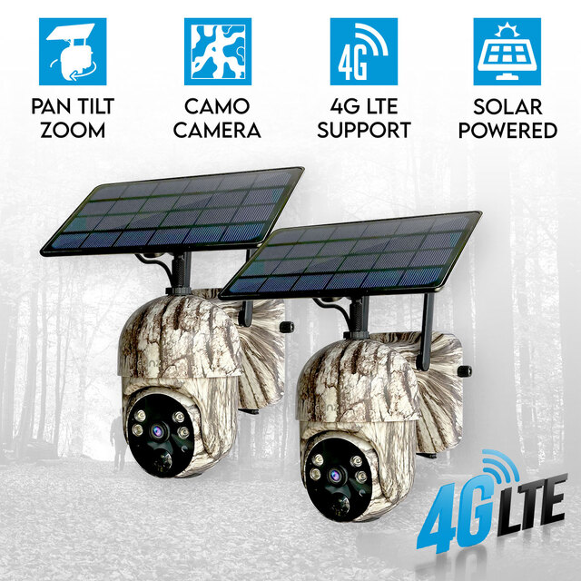 2x Elinz 4G Cellular PTZ Solar Powered Camouflage Outdoor Security Camera 3MP 2K HD IP65 for Trail Wildlife CCTV