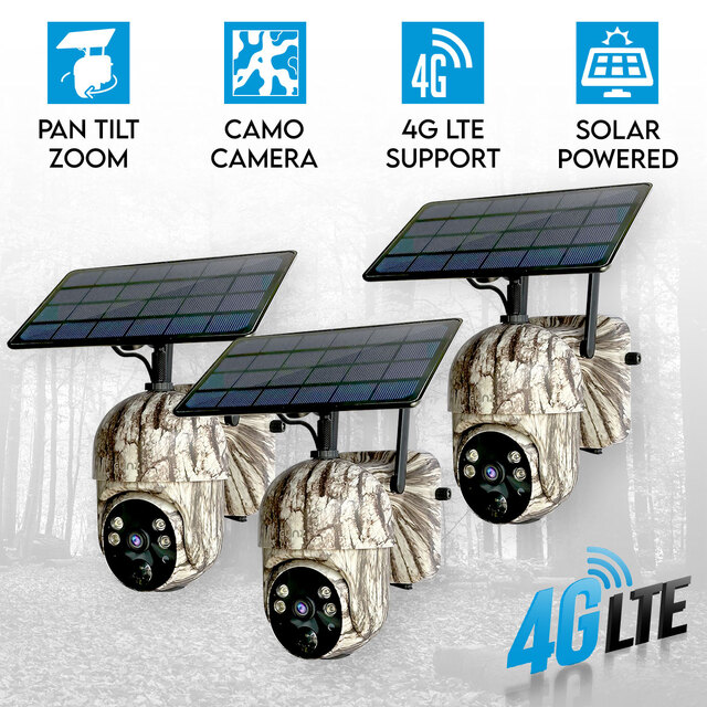 3x Elinz 4G Cellular PTZ Solar Powered Camouflage Outdoor Security Camera 3MP 2K HD IP65 for Trail Wildlife CCTV