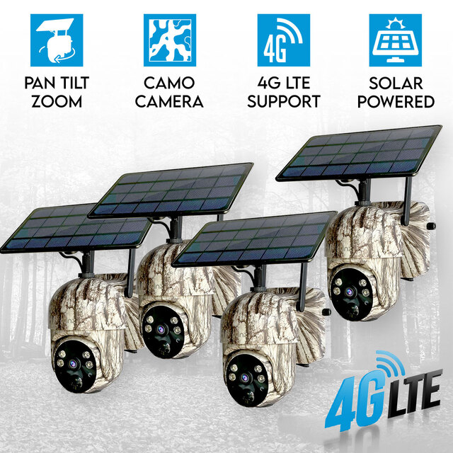 4x Elinz 4G Cellular PTZ Solar Powered Camouflage Outdoor Security Camera 3MP 2K HD IP65 for Trail Wildlife CCTV