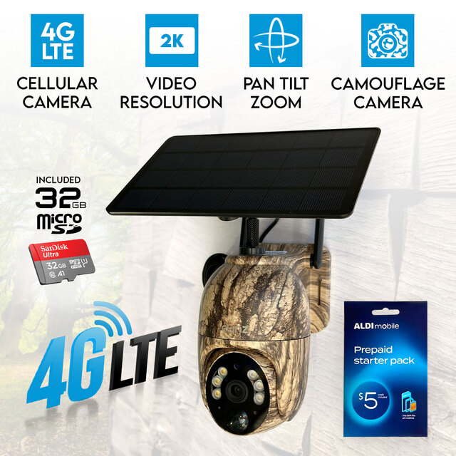 Elinz 4G Cellular PTZ Solar Powered Camouflage Outdoor Security Camera 3MP 2K HD Resolution IP65 for Trail Wildlife Surveillance CCTV 32GB Aldi