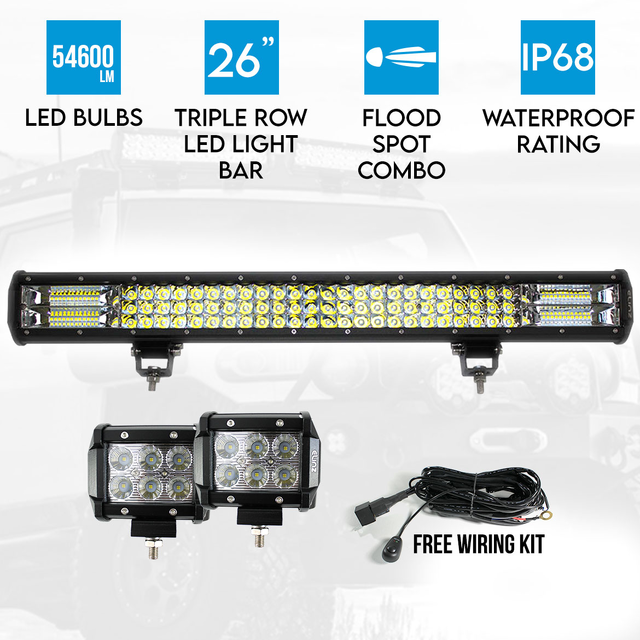 Elinz 26" LED Light Bar 3 Rows bundle 2x 18W 4 inch CREE Driving Worklight