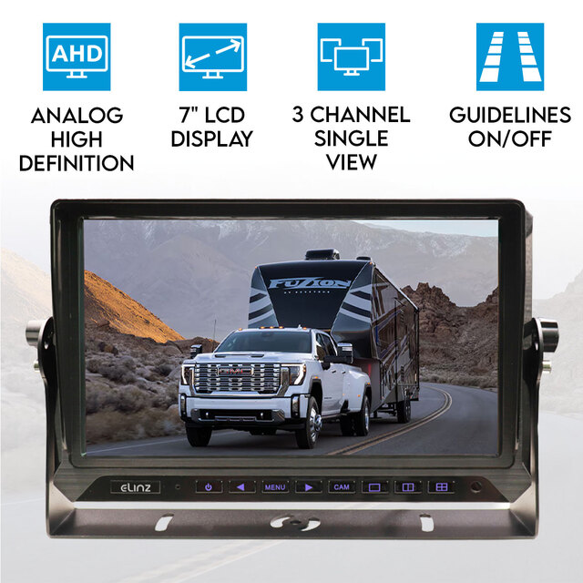 Elinz 10" AHD Monitor Wired 4PIN 3 Channel HD Video Inputs Single Screen View 12V 24V 1024*600 Dashboard Mount