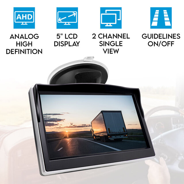 Elinz 5" AHD Monitor Wired 4PIN 2 Channel HD Video Inputs Single View 12V 24V 800*480 Windscreen Mount