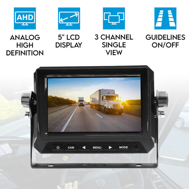 Elinz 5" AHD Monitor Wired 4PIN 3 Channel HD Video Inputs Single View DC12~24V 800*480 Dashboard Mount