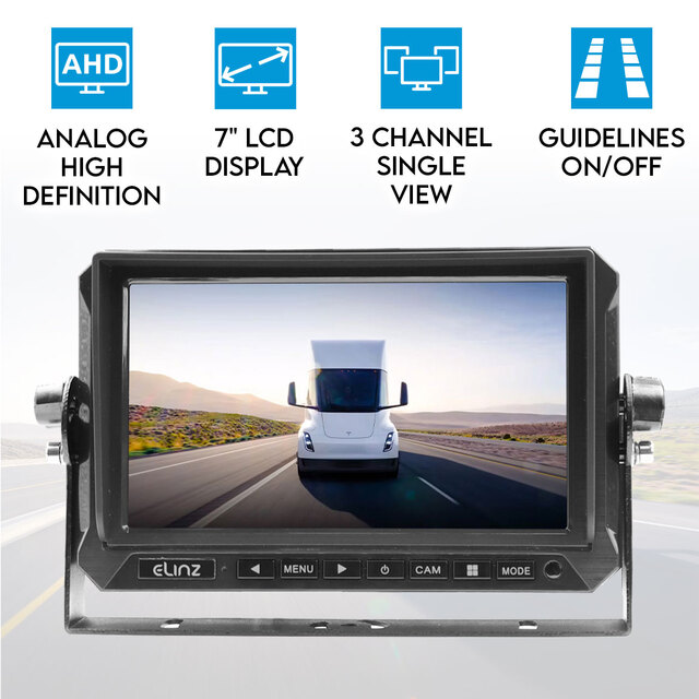 Elinz 7" AHD Monitor Wired 4PIN 3 Channel HD Video Inputs Single View 12V 24V 1024*600 Dashboard Mount