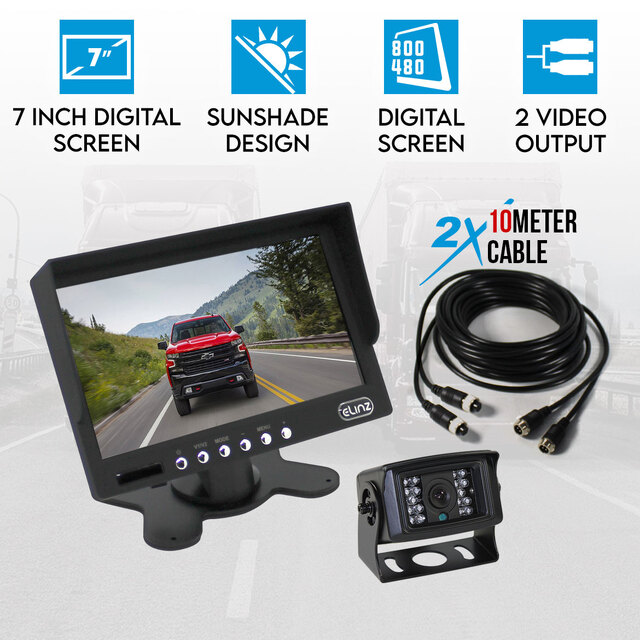 Elinz 7" LCD Monitor HD 12V/24V 4PIN IR CCD Reversing Camera Rearview Built-in Mic BLACK