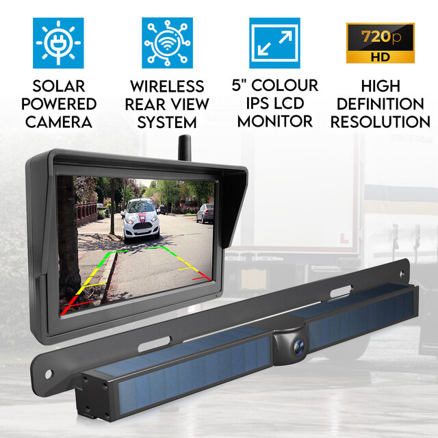 Elinz Solar Powered License Plate 720P HD Backup Camera System 2.4Ghz Digital Wireless 5" Monitor Rear View Kit