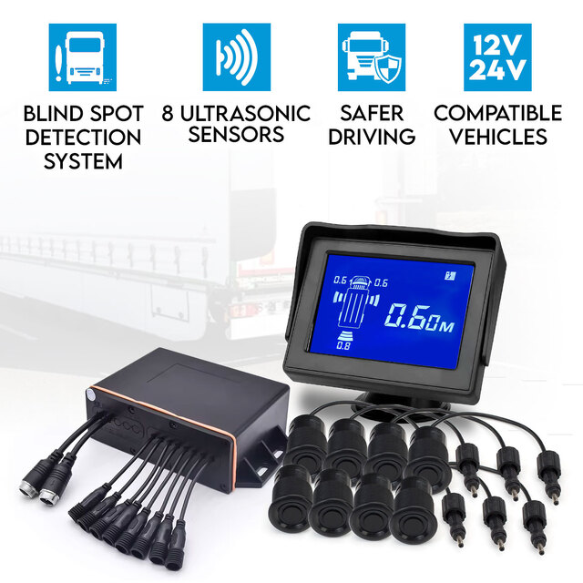 Elinz Blind Spot Detection System for Heavy Commercial Vehicles 8 Ultrasonic Sensors Driving Parking Reverse Backup Kit