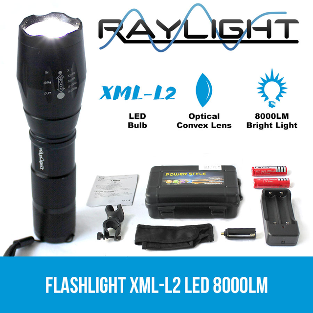 Raylight Flashlight XML-L2 LED 8000LM Rechargeable 2x18650 Battery Lamp Waterproof