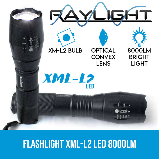 Raylight 2x Flashlight LED XML-L2 8000LM Rechargeable 4x 18650 Battery Waterproof