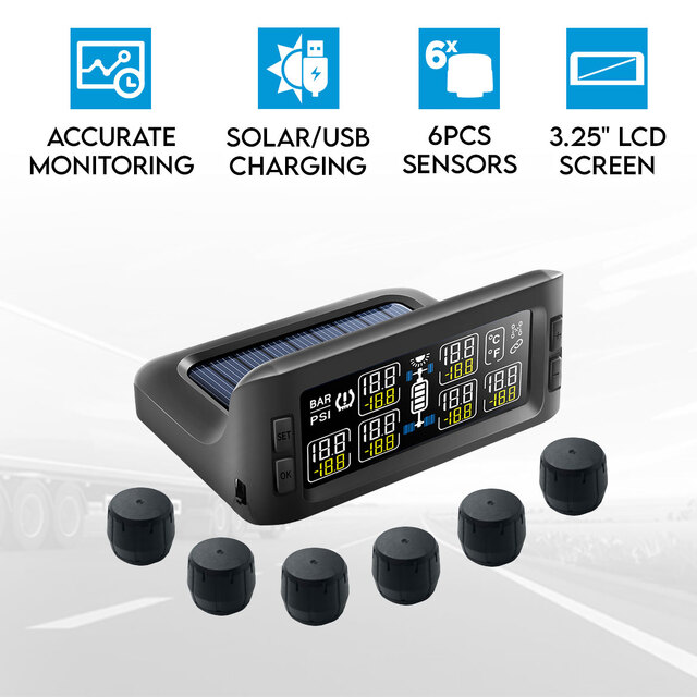 Elinz Solar Powered Tyre Pressure Monitoring System Trailer Caravan TPMS 6 External Sensors