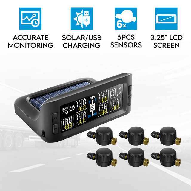 Elinz Solar Powered Tyre Pressure Monitoring System Trailer Caravan TPMS 6 Flow-thru Sensors