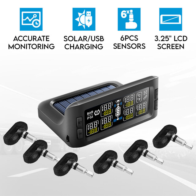 Elinz Solar Powered Tyre Pressure Monitoring System Trailer Caravan TPMS 6 Internal Sensors