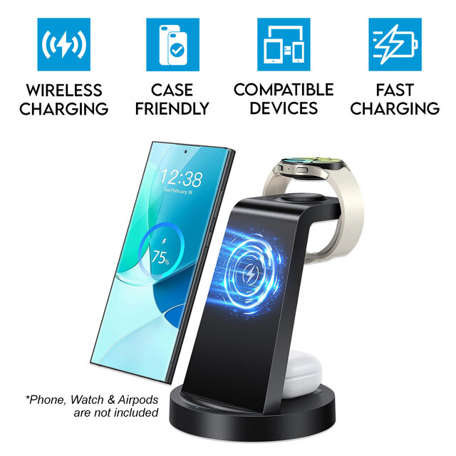 3 in 1 Wireless Charging Station for Samsung Galaxy Watch 6 5 4 3 Pro Classic Galaxy Buds and other Android Phones Black